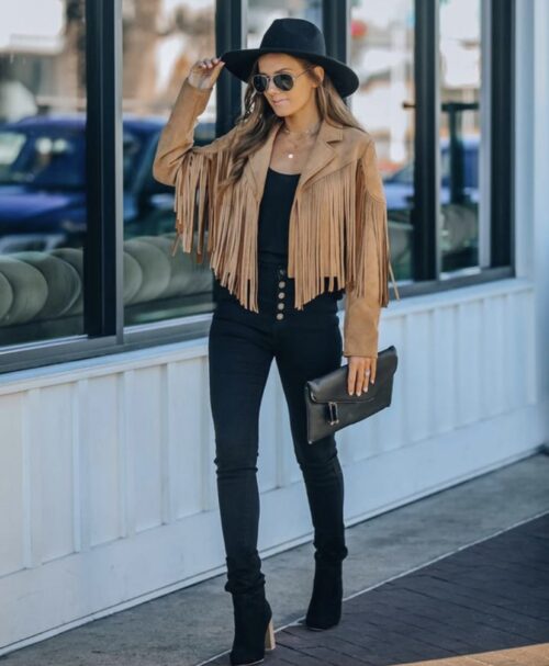Brown suede Fringe Moto Jacket - Image 2